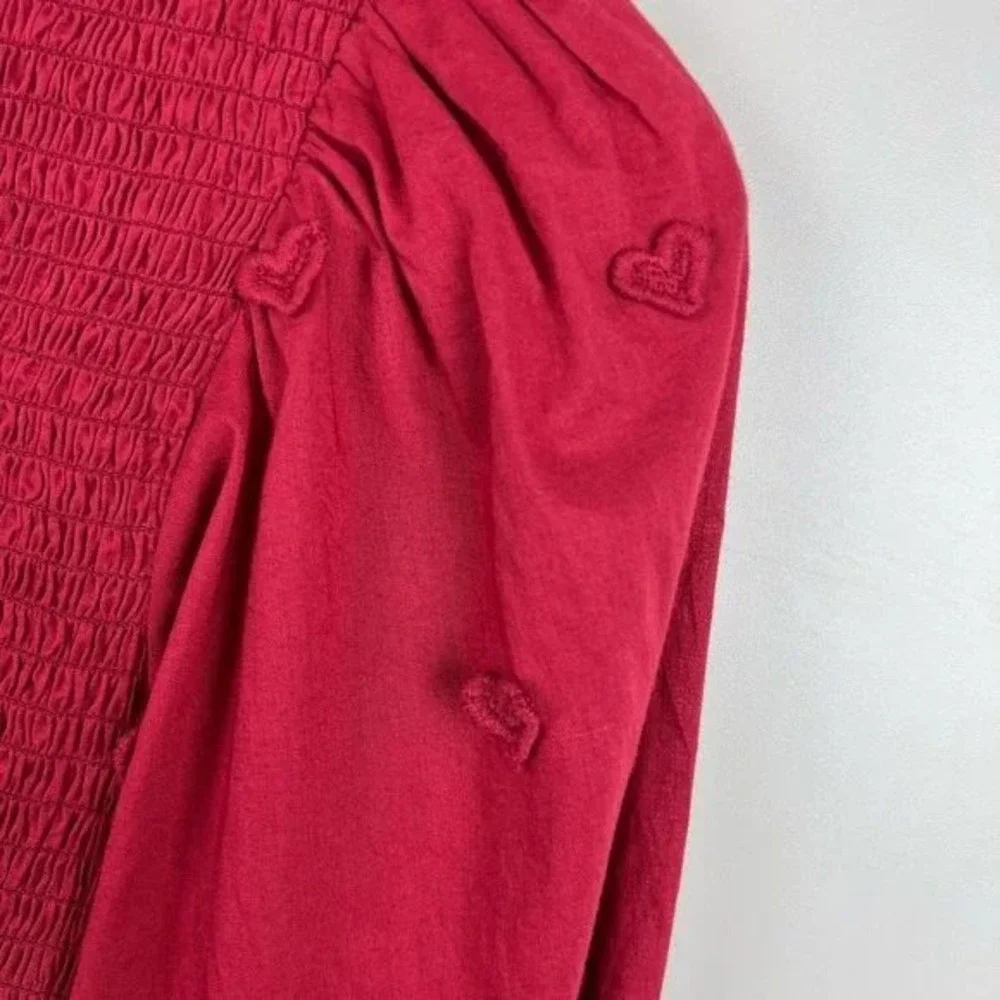 FARM Rio 3D Heart Smocked Blouse Size XS Red Embroidered Puff Sleeve Ruffle‎ Top
